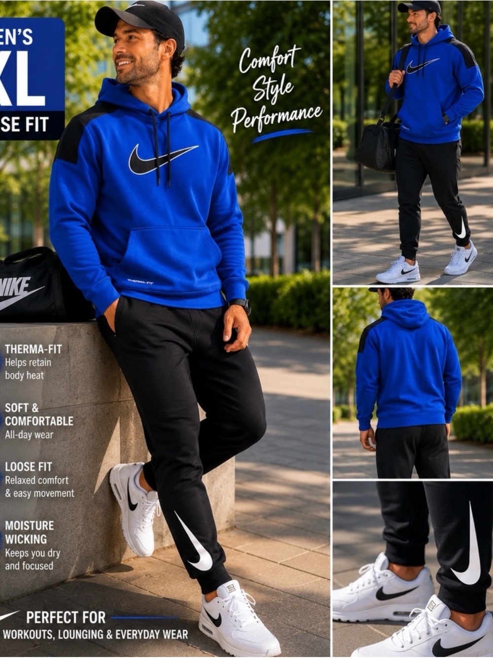 Nike men’s XL Royal Blue and Black Men's Hoodie Sweatshirt with black joggers
